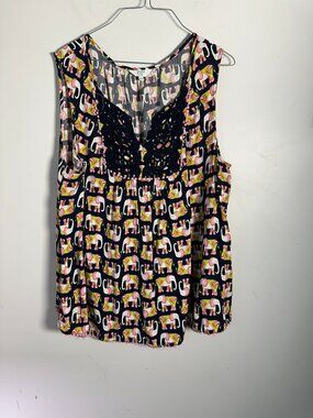 EUC Crown & Ivy Womens Shirt Top Blouse Sleeveless Elephant Blue Pink White 2X